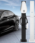 Heavy Duty EV Charger Holder Box Waterproof Outdoor Steel Cord Organizer Rack Stand Black near a black car in a parking space.