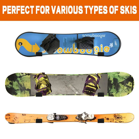 Rock Hard Premium Aluminum Snowboard Wall Mount Rack With Grippy Eva Padded Skis Display Hanger For Garage Home Storage Heavy Duty Brackets Double Pack Set, featuring three skis mounted.