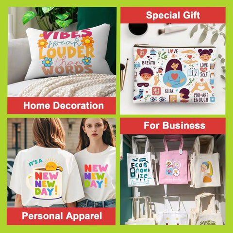 Collage of designs on pillows, shirts, and bags; ideal for home, gifts, personal wear, and business using Upgraded DTF Paper Roll 8.3 By 328 Feet.