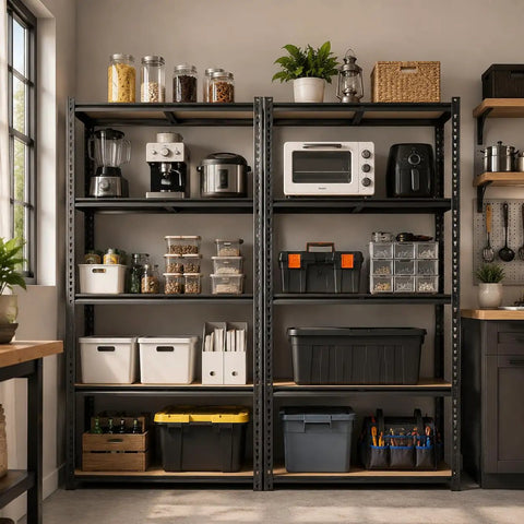 60 Inch High Heavy Duty Metal Garage Shelving Unit With 2400 Lbs Total Capacity, 480 Lbs Per Shelf, Adjustable Overlap Design For Home Garage Warehouse Shop Storage Black filled with kitchen storage bins