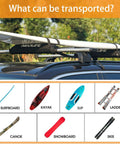 Soft Roof Rack Pads With Two 15 Ft Tie Down Straps For Surfboard, SUP Paddleboard, And Snowboard, Durable Waterproof 600D Polyester Padding, Black Pair For Easy On The Go Gear Hauling installed on car with surfboard on top.