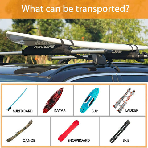 Soft Roof Rack Pads With Two 15 Ft Tie Down Straps For Surfboard, SUP Paddleboard, And Snowboard, Durable Waterproof 600D Polyester Padding, Black Pair For Easy On The Go Gear Hauling installed on car with surfboard on top.