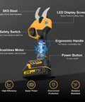 Illustration of electric pruning shears for gardening with battery power, 2.4 inch opening, LCD display, ergonomic handle, dual 2000mAh batteries.