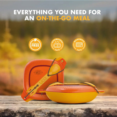 4 Piece Camping Mess Kit With Plate And Bowl, 3 In 1 Spork Utensil, And Tether displayed on a wooden surface outdoors