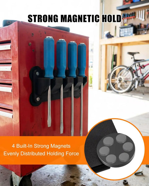 Four Slot Magnetic Pry Bar Organizer With Mounting Holes For Garage Or Shop, Wall Mount Or Magnetic Storage Rack To Hold Pry Bars