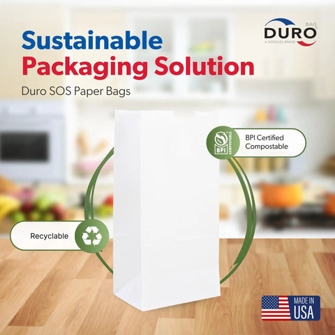 White Paper Bags with SOS Bottom, 500-Count, Size 5.00 x 3.12 x 9.75 Inches displayed on kitchen counter.