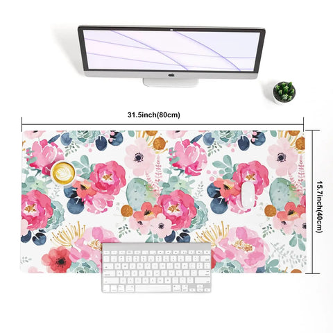 Large Pink Floral Desk Pad For Computer And Gaming Setup 31.5 Inch By 15.7 Inch Waterproof PU Leather Extended Mouse Mat