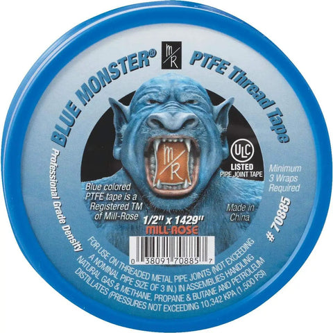 Label of Blue Monster PTFE Pipe Thread Sealant Tape One Half Inch By 1429 Inches For All Purpose Thread Sealing With No Curing Time
