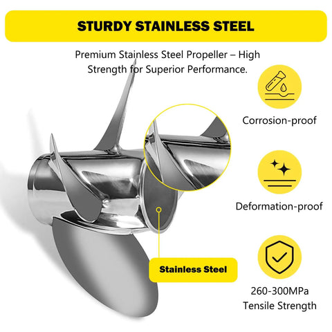 Stainless Steel 13 By 17 Inch Boat Propeller For Yamaha Outboard Engines 50 To 130 HP, 4 Blade, 15 Tooth, Right Hand