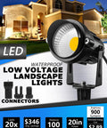 Low Voltage 12V LED Landscape Lights Four Pack, Waterproof Outdoor Pathway Spotlights With Spike Stand shown illuminating house facade