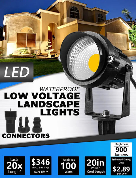 Low Voltage 12V LED Landscape Lights Four Pack, Waterproof Outdoor Pathway Spotlights With Spike Stand shown illuminating house facade