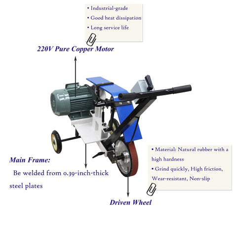 Portable Belt Sander And Abrasive Grinder On Rolling Frame For Rust Removal And Wood Projects Features Killer 4000W Motor And Simple Handle Controls.