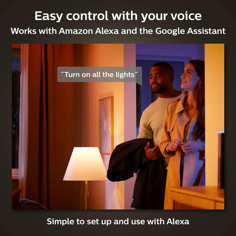 Couple using voice to control Smart A19 Filament LED Bulbs, 4 Pack, White Ambiance Warm to Cool Light, E26, via Alexa app