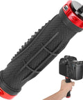 Universal Camera Handle Grip Mount With 1/4 Inch Screw for DSLR shown in hand, black and red ergonomic design with textured surface