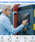 Person using a touchscreen interface on an industrial machine, demonstrating a 10-point capacitive touchscreen functionality.