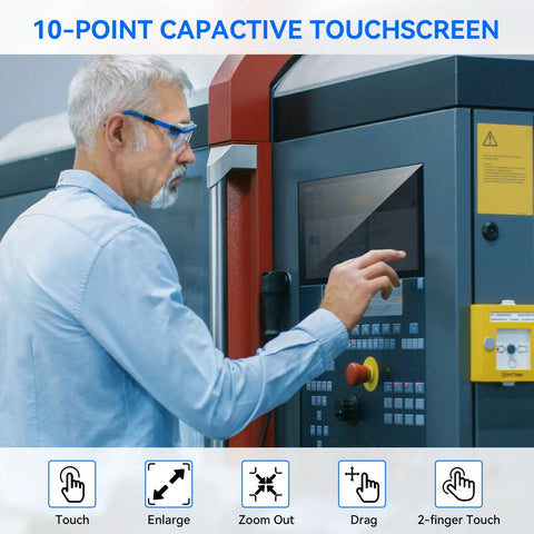 Person using a touchscreen interface on an industrial machine, demonstrating a 10-point capacitive touchscreen functionality.