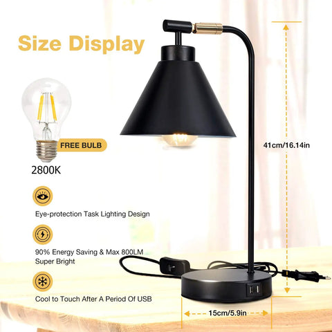 Dimmable Touch Bedside Lamp With 2 USB Ports And AC Outlet Industrial Black Nightstand Reading Light With Metal Flexible Gooseneck Ideal For Bedroom Living Room Or Office Bulb Included shown with dimensions.