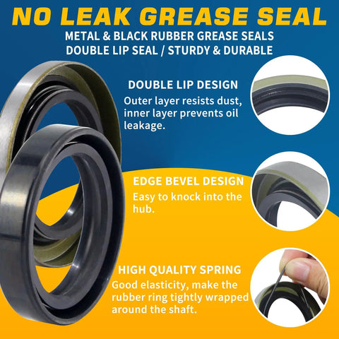 Detailed view of metal and rubber grease seals from Two Sets 5 On 4.5 Inch Trailer Hub Kit For 2000 Lbs Axles Fits 1 In Or 1-1/16 In Straight Spindles.