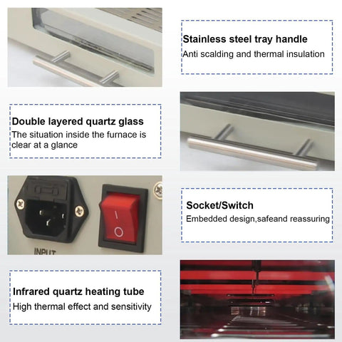 Close-up of Efficient 110V 800W Infrared Reflow Oven with double layered quartz glass and stainless steel handle.