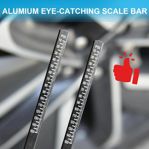 Two side-by-side tire pressure gauges with aluminum scale plates, 10–150 PSI, front view