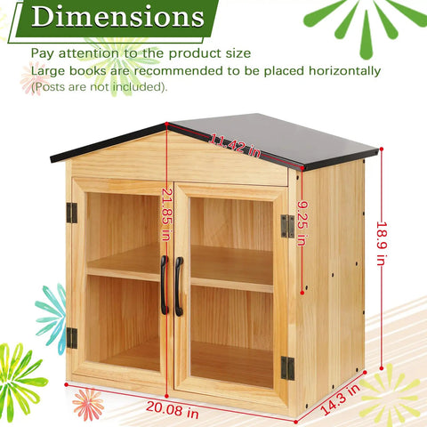 Outdoor Library Book Box Storage Small Wooden Cabinet For Neighborhoods And Schools To Swap And Share Books Flyers Newspapers And Art DIY Friendly Weatherproof Finish Paintable Wood Post Not Included with dimensions.
