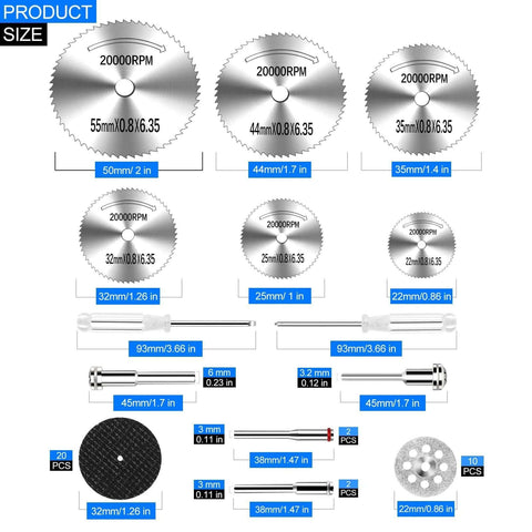 Auxiren 44-piece cutting wheel kit for Dremel rotary tools; includes HSS blades, resin discs, and diamond cut-off wheels
