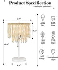 Boho Table Lamp With USB Charging Port and Birch Wood Bead Details, dimensions and bulb compatibility, white finish