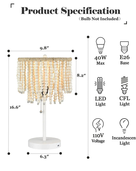 Boho Table Lamp With USB Charging Port and Birch Wood Bead Details, dimensions and bulb compatibility, white finish