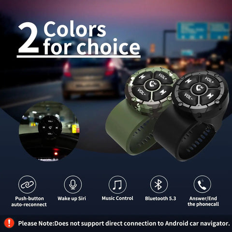 Two colors of Waterproof Bluetooth Media Button Remote For Car, Bike, And Motorcycle with steering wheel control shown