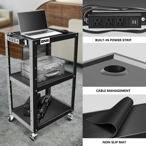 Three Tier Steel AV Cart On Wheels With Adjustable Height From 24 To 42 Inches, featuring power strip and cable management