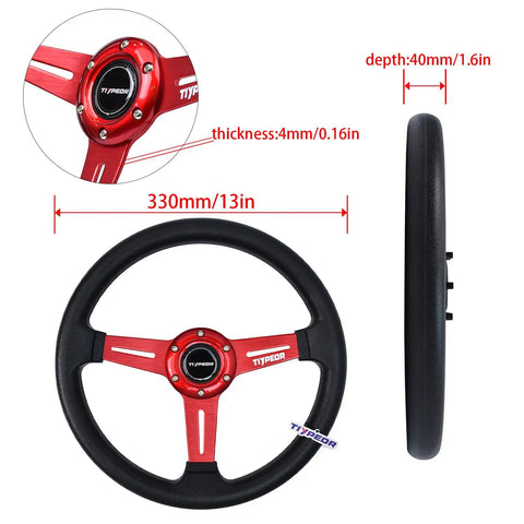 13 Inch Universal Golf Cart Steering Wheel With Red Spokes And PU Grip Fits Club Car DS Precedent EZGO RXV TXT Yamaha Boats And Adventure Simulators 6 Bolt Mount Durable Red Bracket Easy Set Up, side and front view with dimensions