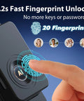 Kid Proof Refrigerator Lock With Fingerprint Unlock No Keys No Drills Easy Mount Adhesive 0.2 Second Fingerprint Access showing digital scan