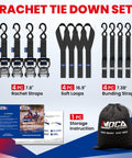 Beefy 5200 Lb Heavy Duty Ratchet Tie Down Straps Kit, showing 4 ratchet straps, soft loops, bundling straps, and storage bag.