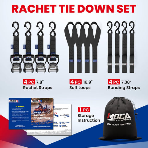 Beefy 5200 Lb Heavy Duty Ratchet Tie Down Straps Kit, showing 4 ratchet straps, soft loops, bundling straps, and storage bag.