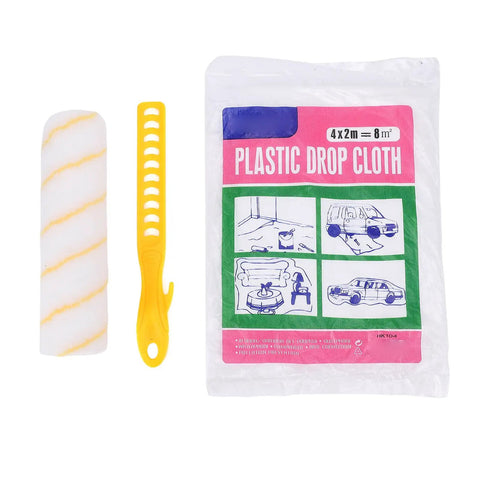 9 Inch Paint Roller Kit With Telescopic Extension Pole Offers A Smooth Operator Approach To Painting Walls And Ceilings While You Skip The Ladder Features A Robust Handle For Easy Grip And Delivers Pro Level Coverage Across Broad Surface Areas, includes paint roller, drop cloth, and cleaning tool.