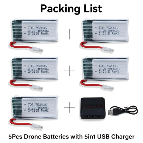 3.7V 400mAh LiPo Drone Battery Pack With 5-In-1 USB Charger For 5-Pack For Syma including five batteries and USB charger.