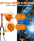 Badass 50 Amp Nema 6-50P To Dual 6-50R Welder Splitter Adapter Cord Y Plug Connector with orange plug and sockets.