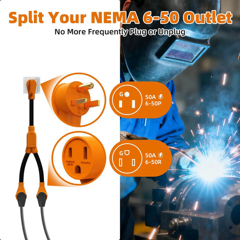 Badass 50 Amp Nema 6-50P To Dual 6-50R Welder Splitter Adapter Cord Y Plug Connector with orange plug and sockets.