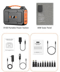 Solar Powered Portable Generator Kit With 200W Peak Output And 100W Rated, 146Wh Battery, 40W Panel, cables, and adapters