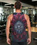 Dope Mens Sleeveless Fitness Vest With Hidden Stash Pocket And Retro Clockwork Graphic, back view in gym setting.