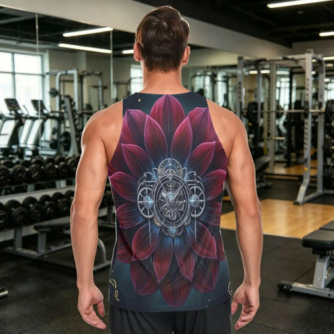 Dope Mens Sleeveless Fitness Vest With Hidden Stash Pocket And Retro Clockwork Graphic, back view in gym setting.
