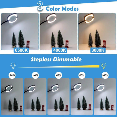 5X Real Glass Floor Magnifier With Light And Stand showing 3 LED color modes and dimmable settings, images with trees for scale.
