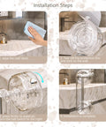 Installation steps for powerful large suction cup handle, showcasing cleaning, adhering, locking, and final mounted position on a bathroom wall.