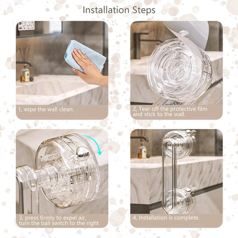 Installation steps for powerful large suction cup handle, showcasing cleaning, adhering, locking, and final mounted position on a bathroom wall.