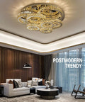 Serious Glow Up Round Ceiling Light With High End LED Crystal Chandelier And Dimmable Pendant Fixture, 100cm Diameter in modern living room.