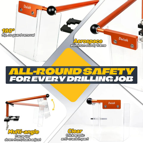 Heavy Duty Aluminum Drill Press Safety Guard Flip Up Shield with 180° rotation for 2 to 4 inch columns providing clear protection.