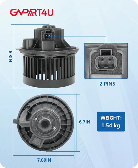 Front view of the Front HVAC Blower Motor for Chevy Tahoe, Silverado, plug-and-play install with 2 pins, size 6.3x6.7x7.09 inches.