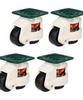 Straight Up Heavy Duty Telescopic Swivel Caster Wheels For Furniture, Legit Rustproof Nylon Castors With Adjustable Leveling Base, Smooth Rollin Four Pack Set, white and black casters with green mounting plate.