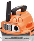 Compact 2.5 Gallon Wet Dry Shop Vacuum With 2 Peak HP Blower Function showing blower conversion setup with handle