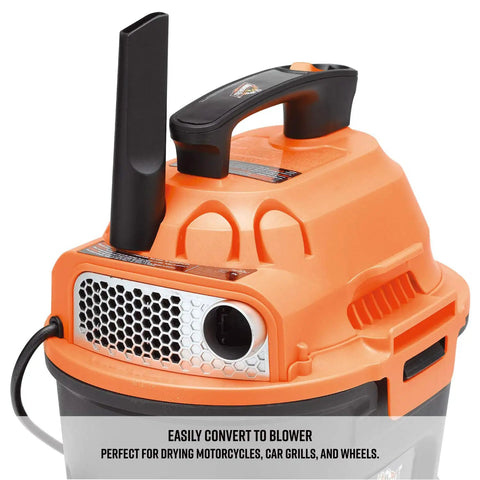 Compact 2.5 Gallon Wet Dry Shop Vacuum With 2 Peak HP Blower Function showing blower conversion setup with handle